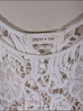 Paper + Tee White Crochet Lace Fringe Tank Top Women’s Large Boho Festival Sleev